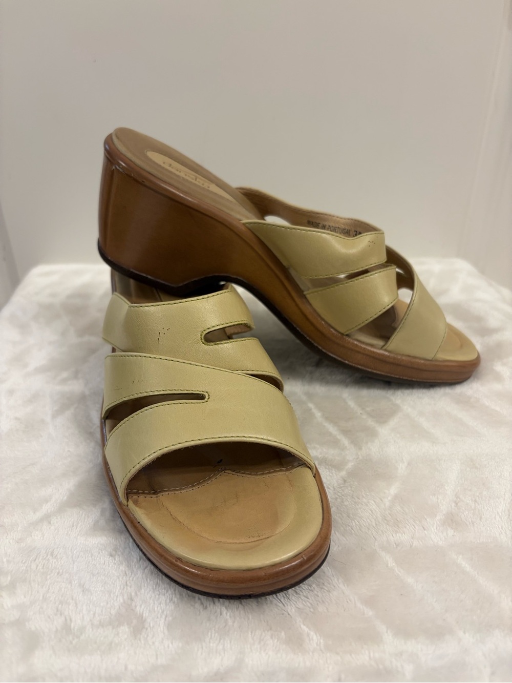 Dansko Tan-Cream Leather Wedge Slide Sandals